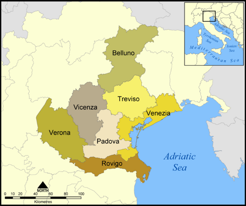Mappa sensibile del Veneto con province